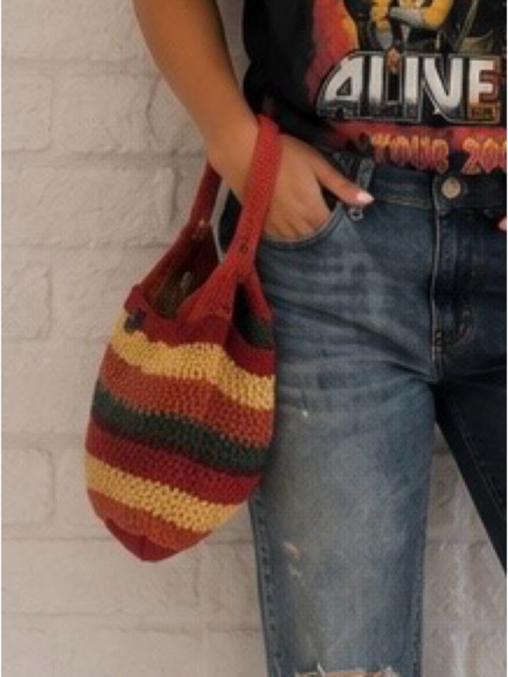 Hand-Knit Striped crochet Shoulder hobo Bag Coral Red Cream green BOHO button